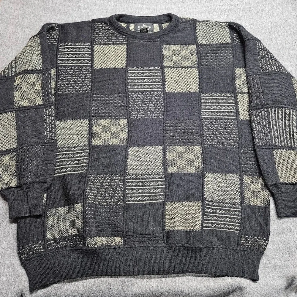 Enro Sweater Mens 2X Black Patchwork Geometric Wool Blend Crewneck Knit Vintage